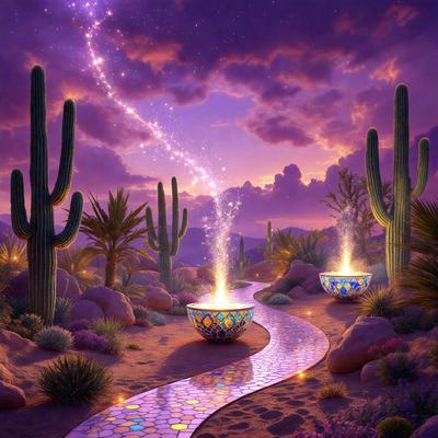 The primary subject of the image is a pathway in a desert setting. The pathway is lined with colorful bowls and cacti, creating a visually appealing and unique atmosphere. The setting is a desert landscape, with a purple sky in the background. The visual style of the image is a combination of digital art and illustration, giving it a vibrant and artistic appearance. The colors and mood of the image are predominantly purple and blue, with a touch of green from the cact